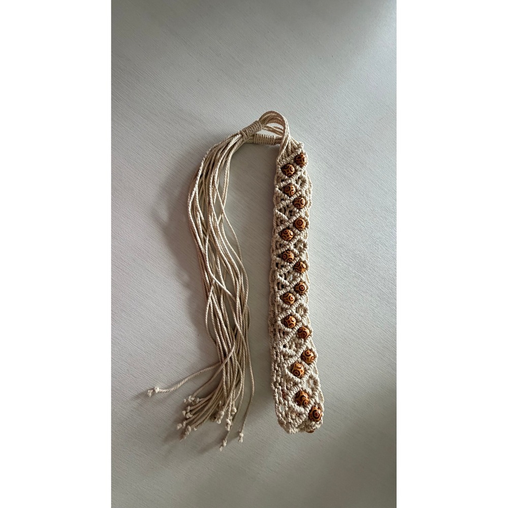 Cream Macrame Wood Bead Tie Belt Boho Hippie Festival Fringe Adjustable
